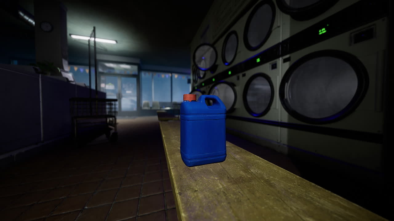 Blue container on wooden bench in a dimly lit laundromat at night