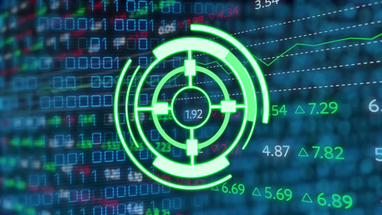 Animation of green circle with numbers over binary code