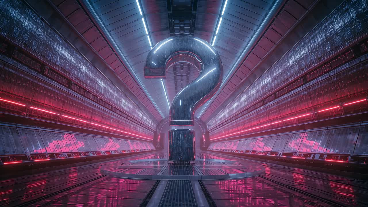 Telecamera che registra una scultura a forma di punto interrogativo che riflette luce al neon rossa e blu in un corridoio