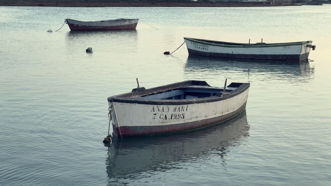 vista estática de barcos de pesca amarrados que se balancean con el rollo. luz del día