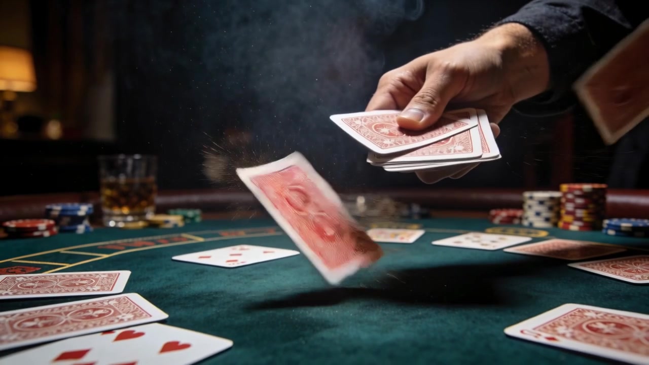 Mrštná pravá ruka krupiéra rozdávající červené karty na pokerovém stole, tmavá manžeta, žetony zahajující kolo.