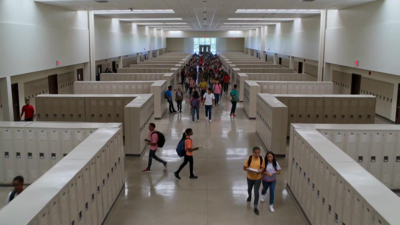 Studenti che camminano dopo la campanella, muovendosi lungo il corridoio oltre gli armadietti con gli zaini.