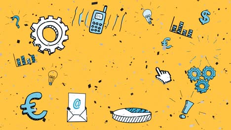 animación digital de confeti que cae sobre varios iconos de conceptos de negocios sobre un fondo amarillo