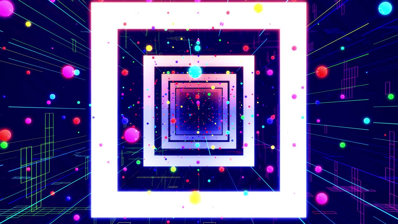 movimiento gráfico, cámara volar en el espacio de arte o túnel con luz de neón. diseño de movimiento moderno vj bucle, volar a través del espacio de arte de resplandor rectángulos, esferas, líneas y marcos de alambre, color gradiente arco iris.