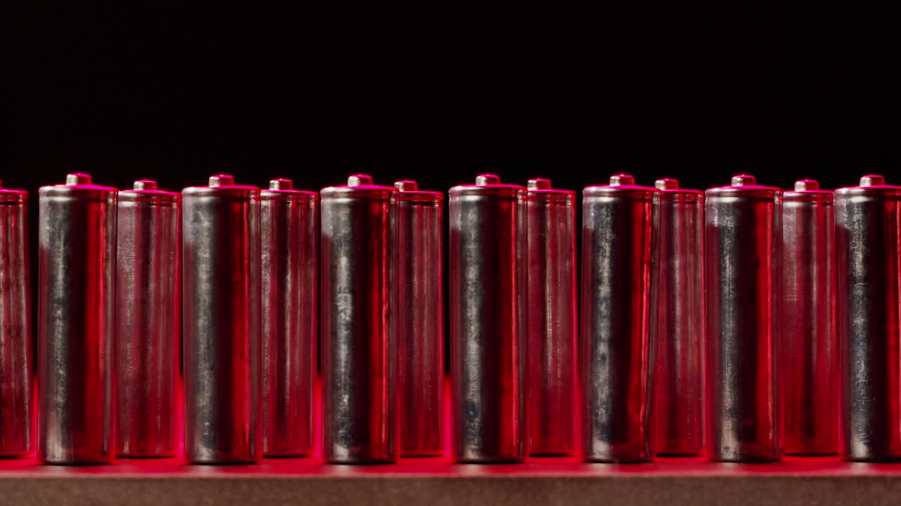 Silver batteries AA and AAA in neon light close-up. Double-A battery is a standard size single cell cylindrical dry battery. Batteries are common in portable electronic devices. An AA battery is composed of a single electrochemical cell that may be either a primary battery or a rechargeable battery.