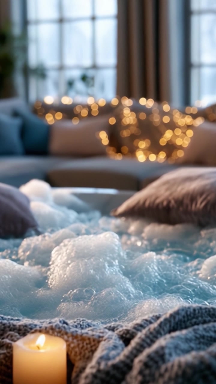 A Serene Spa Experience: Inviting Elements of Bubbles, Warm Light, and Cozy Textiles Create a Relaxing Ambiance in a Tranquil Bath Setting
