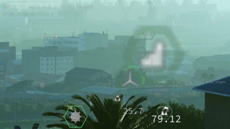 Animation of network of eco icons over cityscape