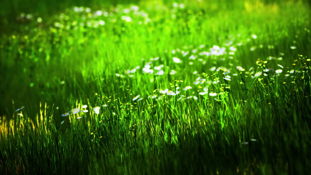 Springtime meadow filled with delicate white flowers and lush green grass
