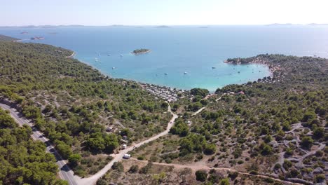 kosirina beach, bay and campsite at murter kornati island, dalmatia, croatia - aerial drone view