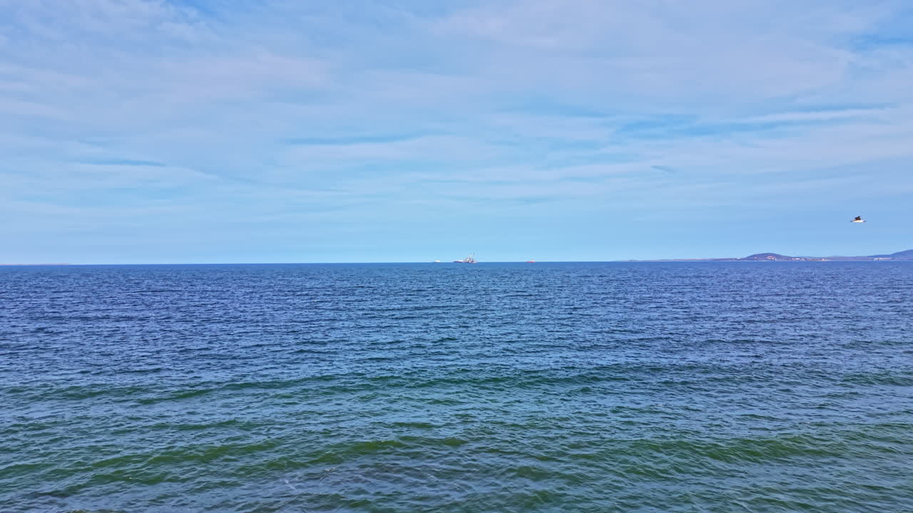 Udsigt over det åbne hav med bølger, et skib i det fjerne og spredte fugle på himlen på en klar dag