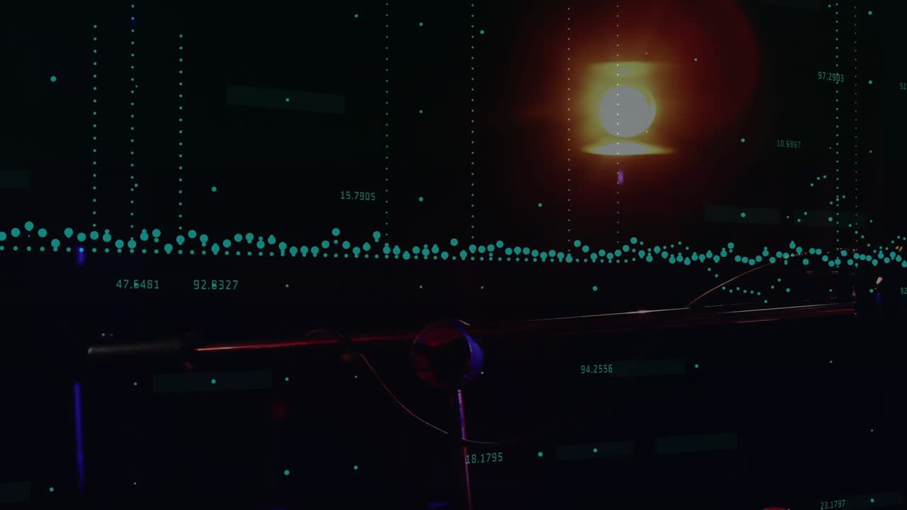 Guitar entering as musician fingering chords and picking for recording, turquoise waveform syncing