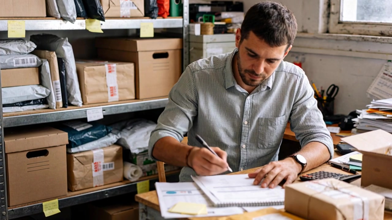 Writing man in light button-up shirt filling shipping forms at packing desk, noting parcels, ledger