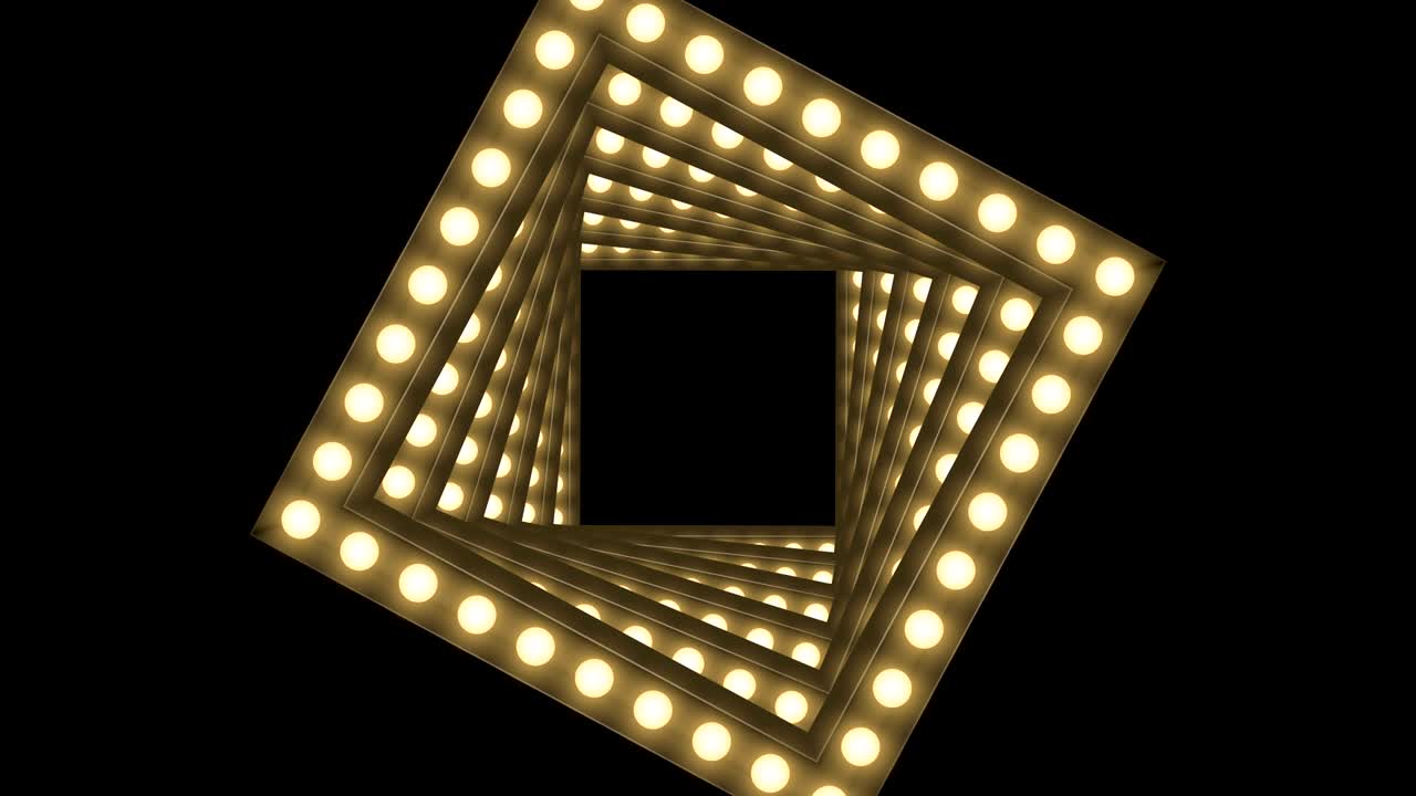 caja de bombilla incandescente de túnel marco forma cuadrada remolino girar patrón en movimiento, retro 3d estilo virtual ilustración brillo en fondo oscuro animación de bucle sin costuras 4k, con espacio de copia