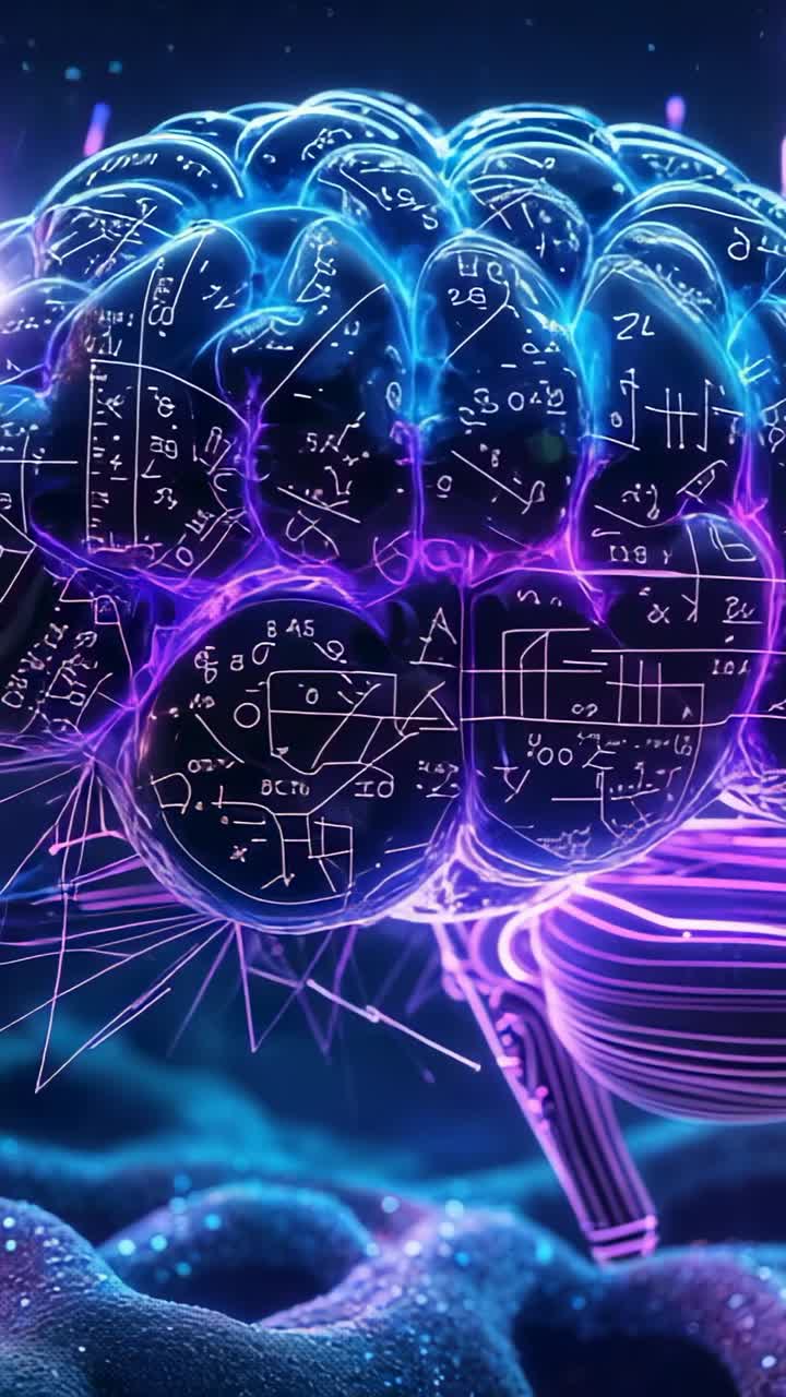 Vertical video: Loading neon brain model pulsing bright glows in virtual chamber for simulation