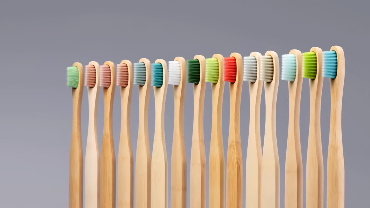 Coloridos cepillos de dientes de bambú ecológicos expuestos en fila