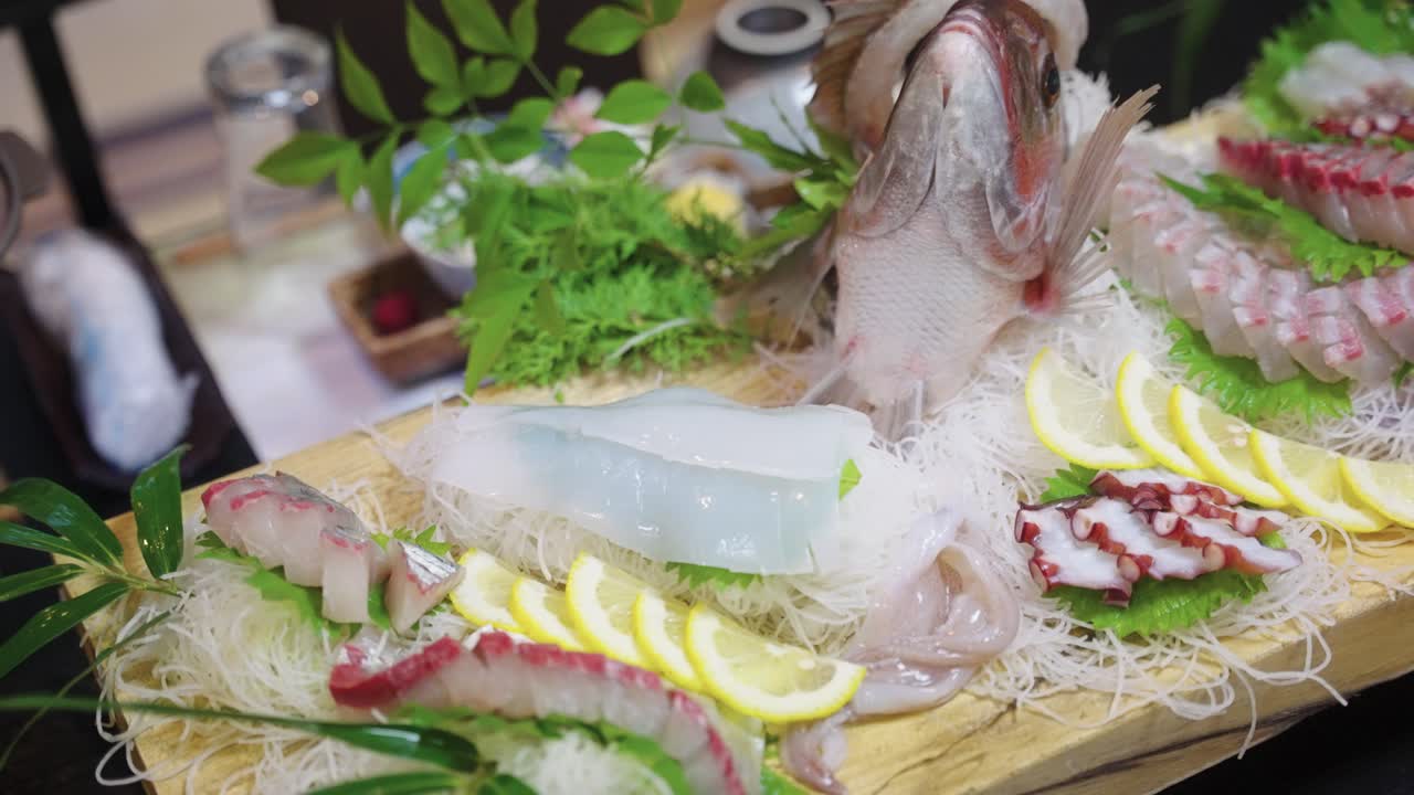Fresh Raw Sushi and Sashimi in Japan, Kaiseki Banquet Close Up