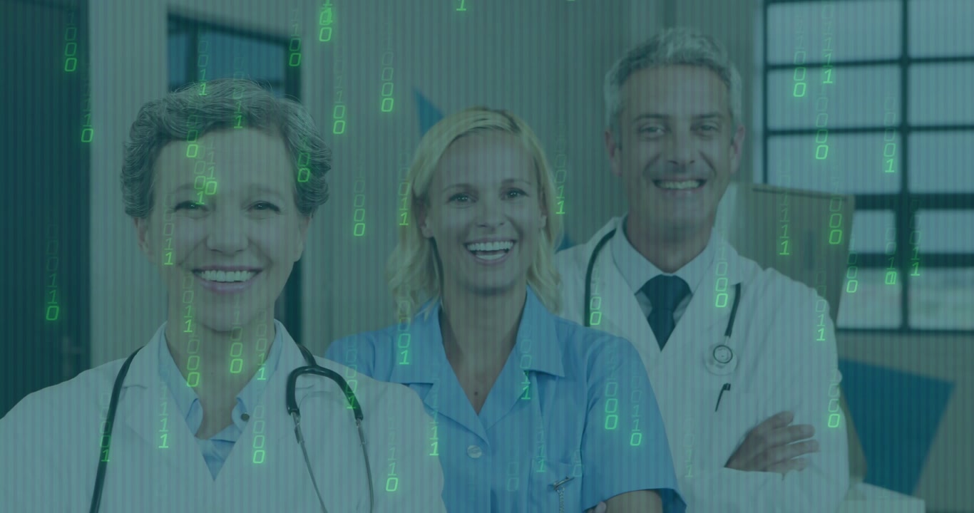 Numeric overlay cascading over medical professionals and representing live health data monitoring