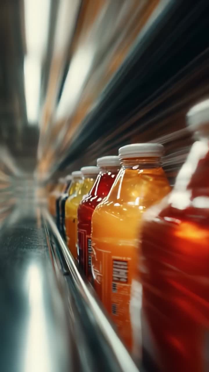 A Dynamic Display of Colorful Beverage Bottles in Motion: An Artistic Perspective on Refreshing Drinks Lines Captured in a Captivating Blurred Frame