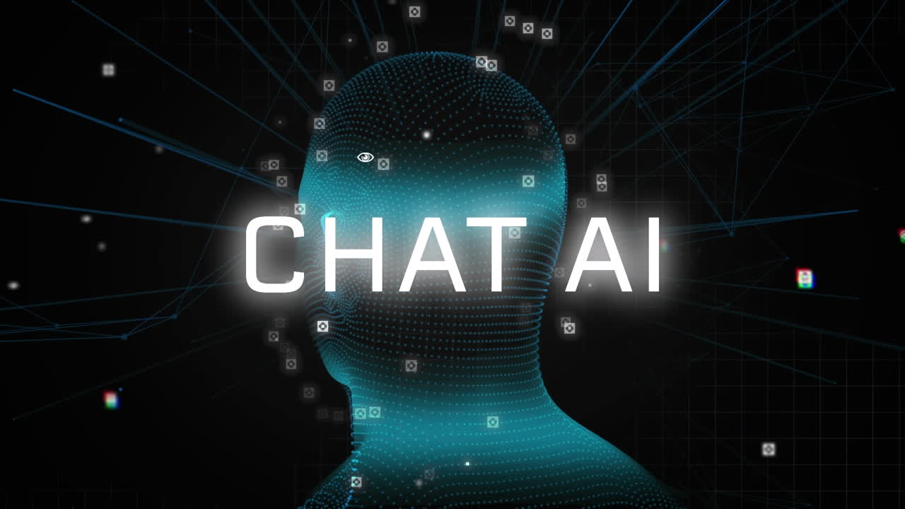 Animation of artificial intelligence chat text and data processing over human head