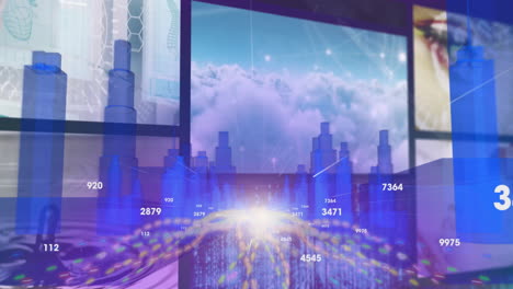 Animation of futuristic cityscape with data overlaying skyline and clouds