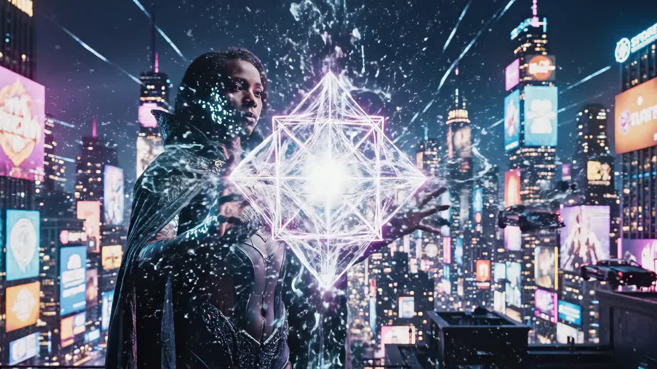 A Sorceress Controlling Magic in a Futuristic Cityscape