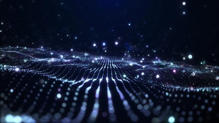 Onda digitale astratta di particelle luminose e linee di luce