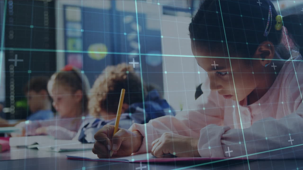 In school, children writing with digital grid overlay animation in classroom