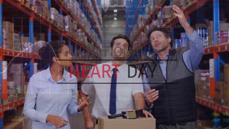 animation of data processing and national heart day text over diverse workers in warehouse