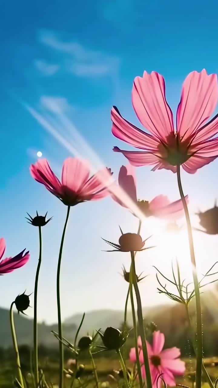 Ripresa video dal basso di fiori rosa contro un cielo azzurro e luminoso, che cattura la luce del sole.