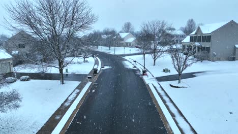 calle suburbana durante el invierno: céspedes cubiertos de nieve y árboles desnudos, con casas modernas alineadas con una carretera curva