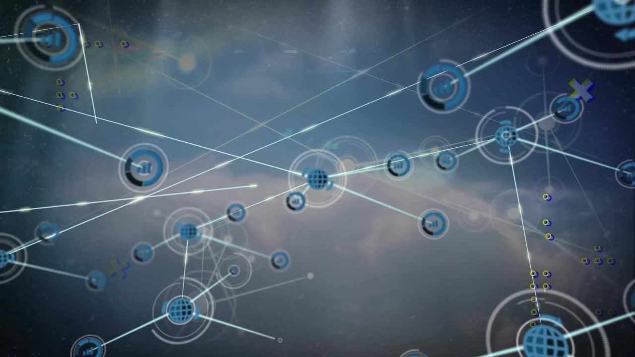 Animation of network of connections with icons over sky with clouds