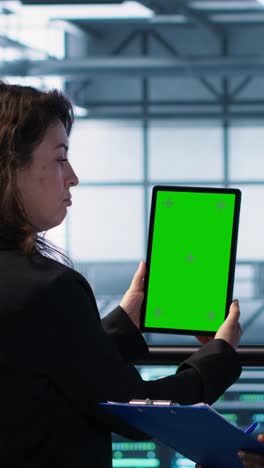 vertical video computer scientists in data center use mockup tablet, inspecting server rigs