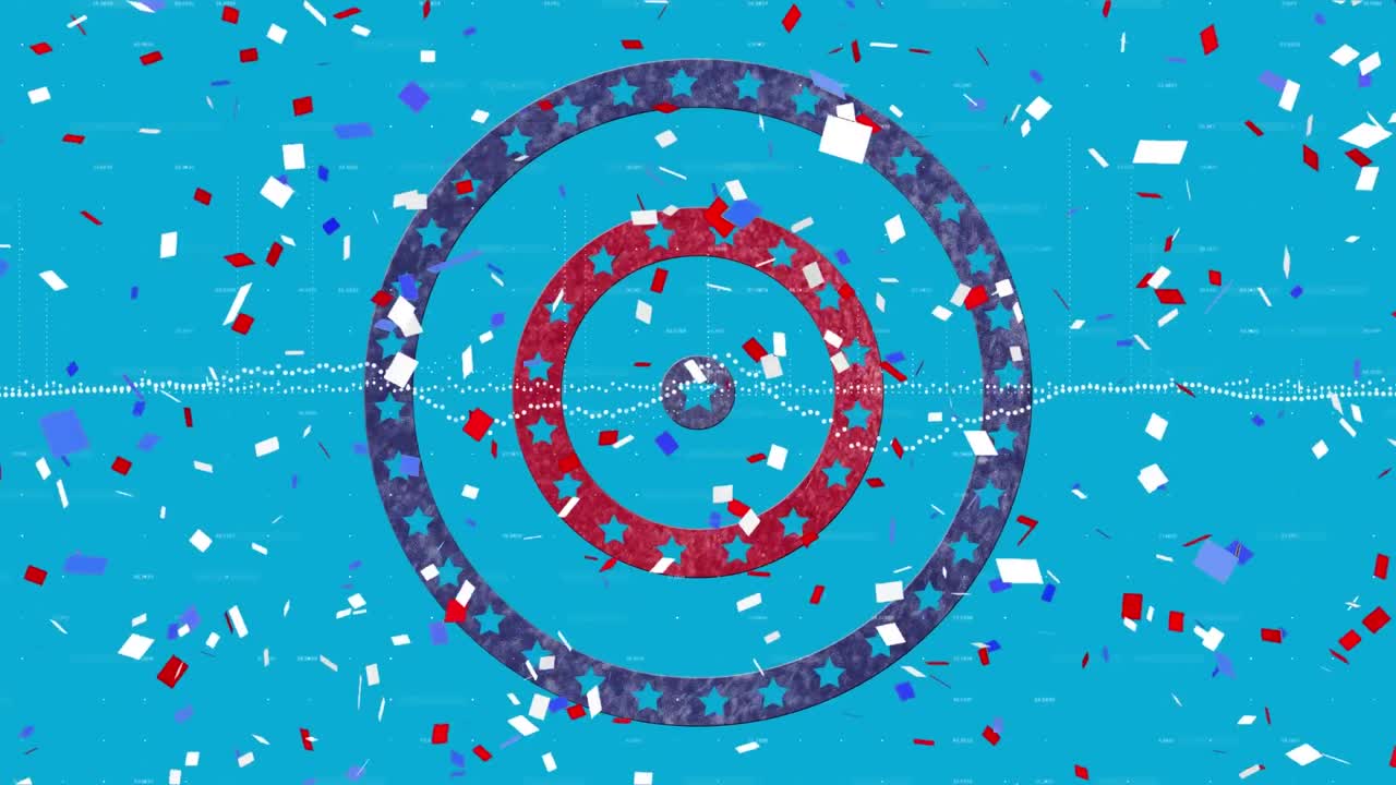 파란색 배경 에 회전 하는 원 에 있는 별 들 위 에 떨어지는 다채로운 콘페티