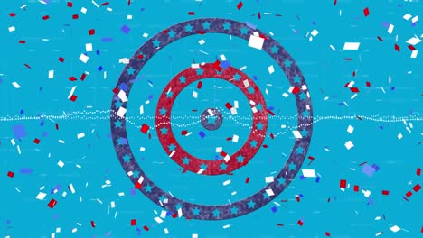 Colorful-confetti-falling-over-stars-on-spinning-circles-against-blue-background