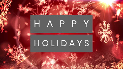 happy holidays grey text banner over snowflakes and spots of light against red background