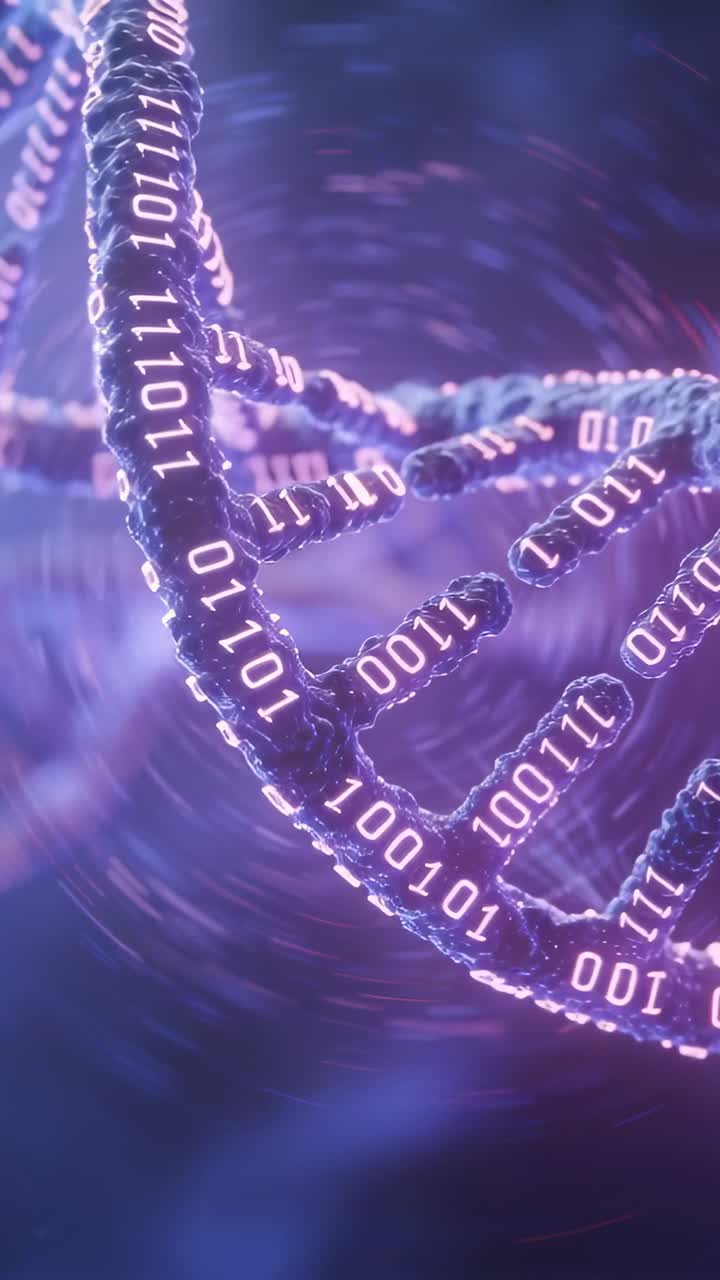 Vertical video: Rotating helix glowing 01 code while camera pulling back showing data flow in lab
