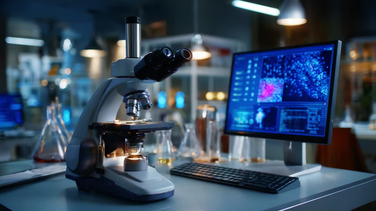 A Modern Laboratory Setup Featuring a High-Precision Microscope and an Interactive Computer Screen Displaying Digital Scientific Data, Showcasing the Intersection of Technology and Scientific Research