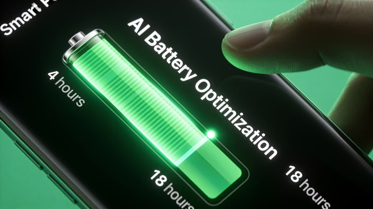 Tapping fingertip dragging indicator along phone screen at product studio, optimizing AI battery