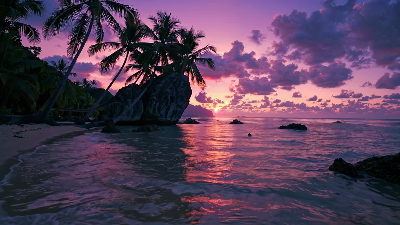 Video di un sereno tramonto sulla spiaggia con vivaci tonalità viola, silhouette di palme e una visuale dal basso.