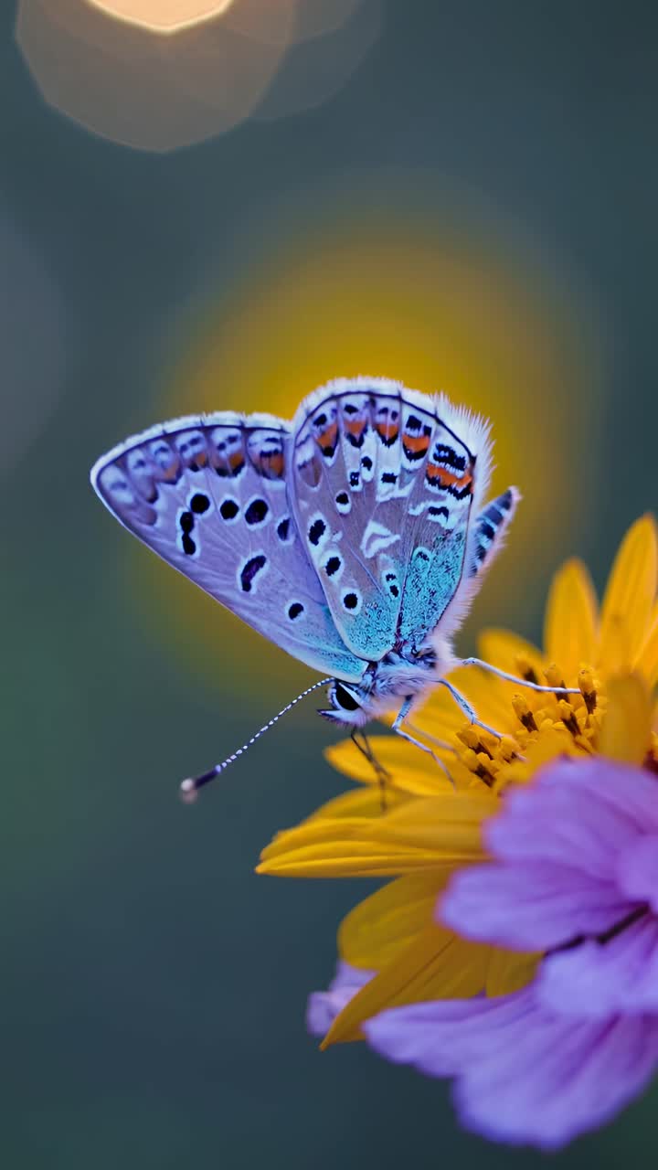 Uno stile video ravvicinato cattura una farfalla su fiori vivaci, mostrando intricati motivi sulle ali