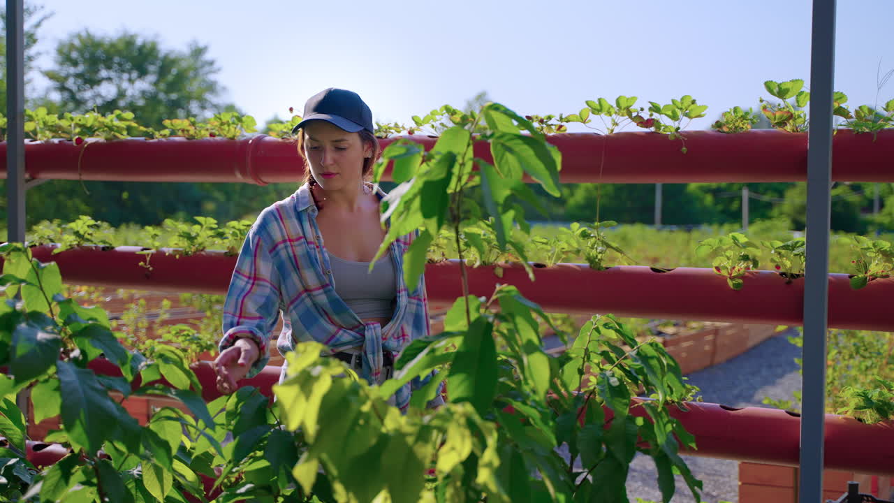 jardinera inspeccionando las plantas en una granja vertical