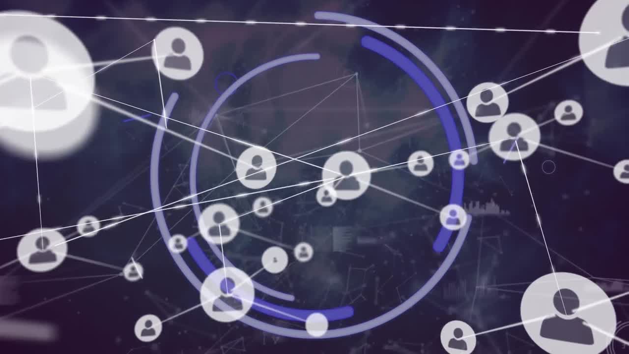 animación del ojo digital, iconos de perfil conectados con líneas, gráfico que se mueve en un fondo abstracto
