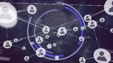 animation of digital eye, profile icons connected with lines, graph moving on abstract background