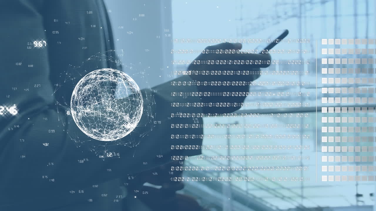 Animation of globe and binary codes, midsection of african american man walking and using cellphone