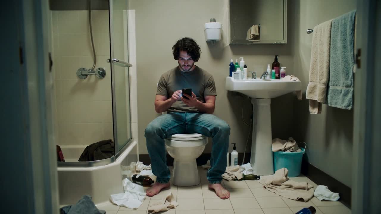 Camera moving closer showing man in olive tee and jeans tapping smartphone on toilet, toiletries