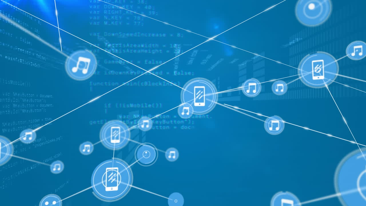 Animation of network of connections with icons and data processing