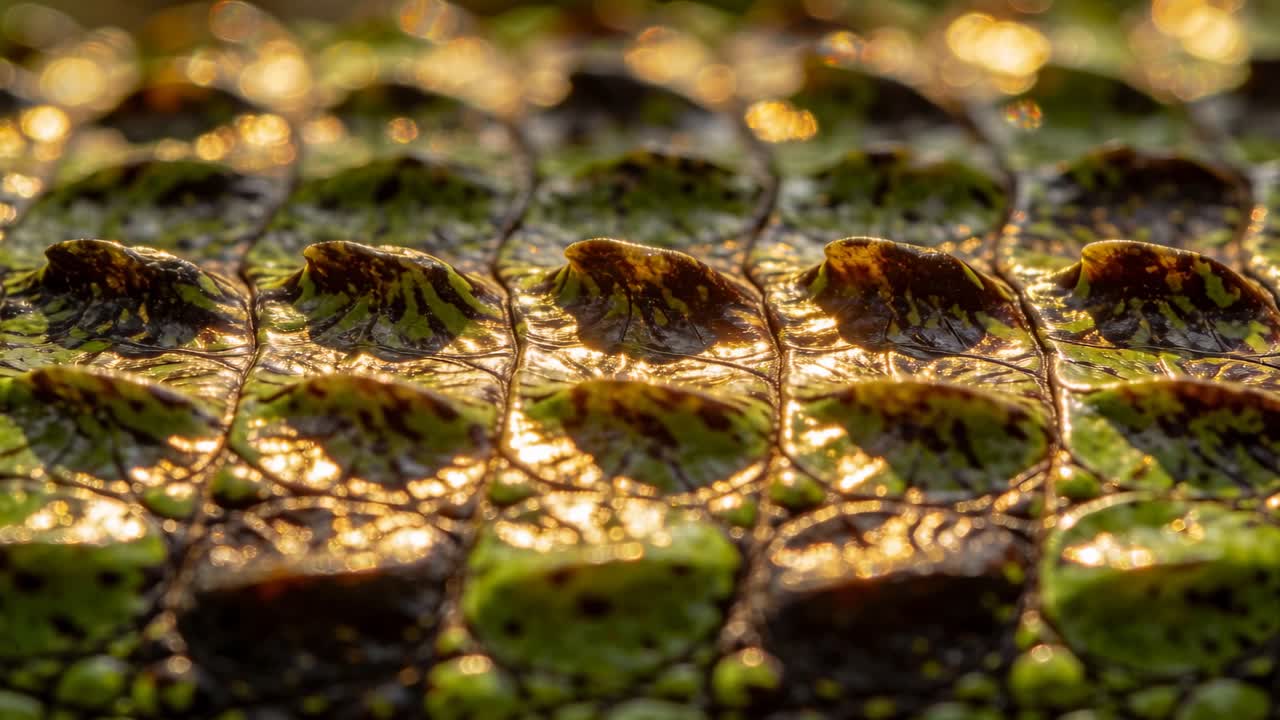 Fokuswechsel und warmes Licht enthüllen Krokodilschuppen am Wasserufer, nassen Glanz und goldene Reflexe.