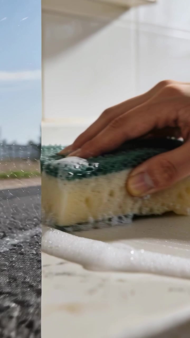 Vertical video: Reaching hand scrubbing sponge, cleaning counter while left strip showing car spray