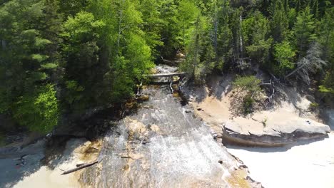 Aerial-of-Waterfall-into-Lake-Huron,-Chapel-Beach-Falls