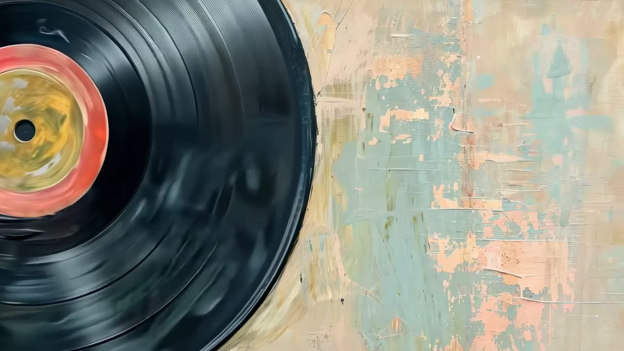 Top-down view of a spinning vinyl record on a textured surface, capturing a retro vibe